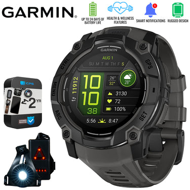 Garmin Instinct 3 50mm GPS Smartwatch, AMOLED + Wearable Light + 2 Yr Warranty Bundle