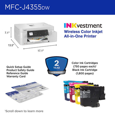 Brother INKvestment 4355 Wireless All-in-One Inkjet Printer + Color Cartridges Bundle