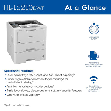 Brother HL-L5210DWT Business Monochrome Laser Printer with Dual Paper Trays