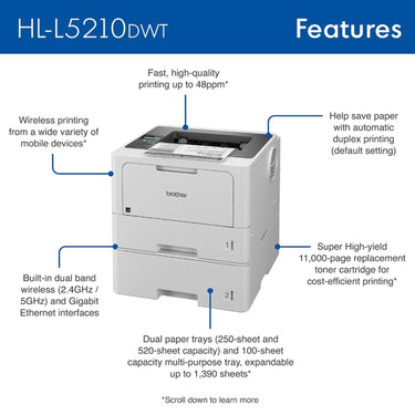 Brother HL-L5210DWT Business Monochrome Laser Printer with Dual Paper Trays