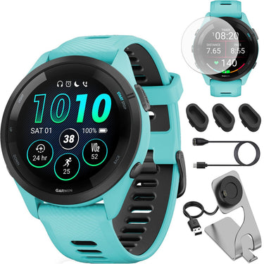 Garmin Forerunner 265 GPS Smartwatch, Aqua/Black + Charging Dock + Protector Bundle