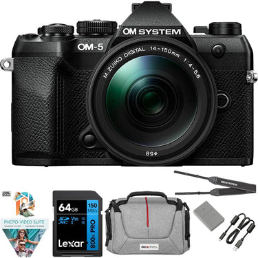 OM Systems Olympus OM-5 Mark II Camera w/ M.ZUIKO 14-150mm Lens; Black + 64GB Memory Bundle