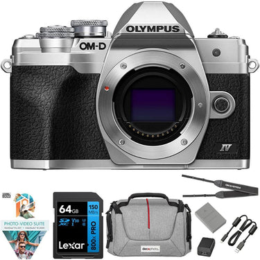 OM Systems Olympus OM-D E-M10 Mark IV 20MP Camera Body; Silver + 64GB Memory Bundle