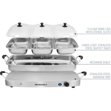 Elite Gourmet EWM-9933 7.5-Qt Triple Buffet Server and Warming Tray; Stainless | Open Box