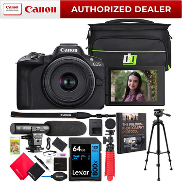 Canon EOS R50 Mirrorless Camera Black + RF-S 18-45mm F4.5-6.3 IS STM Lens + Pro Bundle