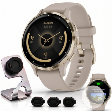 Garmin Venu 3S GPS Smartwatch Gold with Gray Case 41mm with Charging Dock Bundle