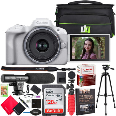 Canon EOS R50 Mirrorless Camera White + RF-S 18-45mm F4.5-6.3 IS STM Lens + Pro Bundle