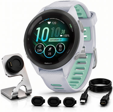 Garmin Forerunner 265S GPS Smartwatch Whitestone/Neo with Charging Dock Bundle