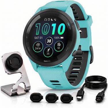 Garmin Forerunner 265 GPS Smartwatch, Aqua/Black + Charging Dock + Dust Cover Bundle