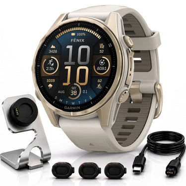 Garmin Fenix 8 43 mm AMOLED Gold with Fog Gray Band + Charging Dock Bundle