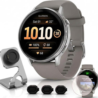Garmin Venu 4 45mm GPS Smartwatch Silver w/ Gray Bundle +Dock Dust Covers Screen Guards
