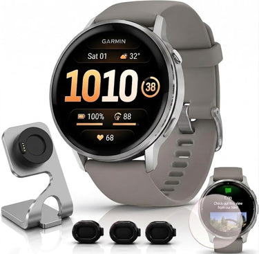 Garmin Venu 4 45mm GPS Smartwatch Silver w/ Gray Bundle +Dock Dust Covers Screen Guards