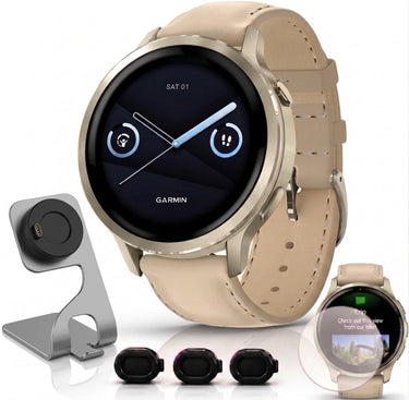 Garmin Venu 4 41mm GPS Smartwatch Lunar Gold Bundle + Dock Dust Covers Screen Guards