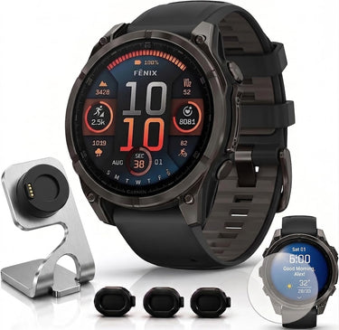 Garmin Fenix 8 43mm Smartwatch, Sapphire, Carbon Gray DLC Titanium + Accessories Bundle