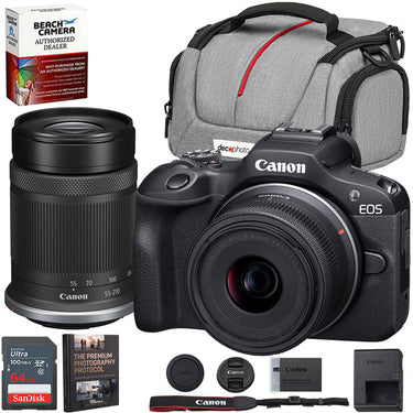 Canon EOS R100 Camera+RF-S 18-45mm F4.5-6.3+RF-S 55-210mm F5-7.1 + 64GB Bundle