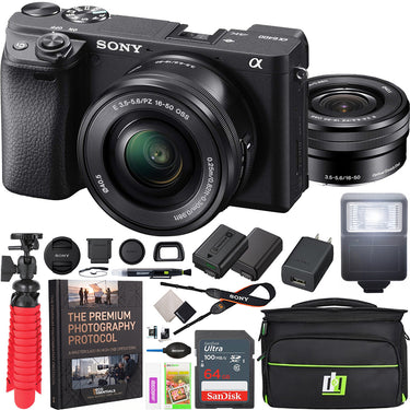 Sony a6400 4K Mirrorless Camera ILCE-6400L/B 16-50mm Lens Kit + Flash & Case Bundle