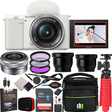 Sony ZV-E10 Mirrorless Vlog Camera Body + 16-50mm F3.5-5.6 Zoom Lens Kit White Bundle
