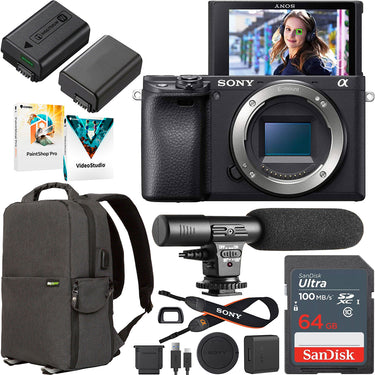 Sony a6400 Mirrorless Camera Body ILCE-6400/B + 2 Battery, Mic, 128GB & More Bundle