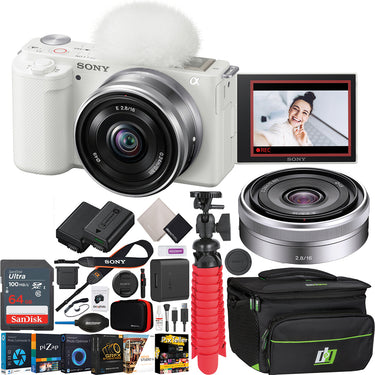 Sony ZV-E10 Mirrorless Alpha APS-C Vlog Camera Body + 16mm F2.8 Lens White Bundle