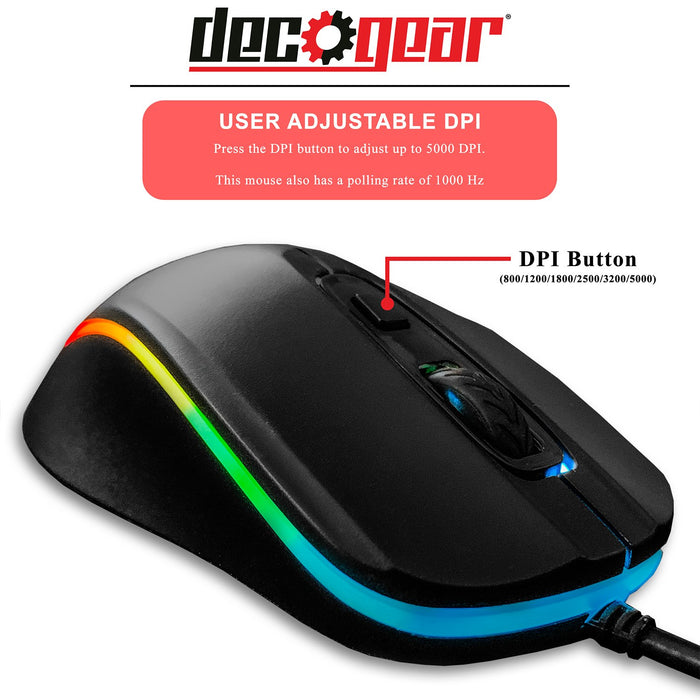 Deco Gear Wired Gaming Mouse - 800-5000 DPI Adjustable - 11 RGB Modes - DGGMOUS