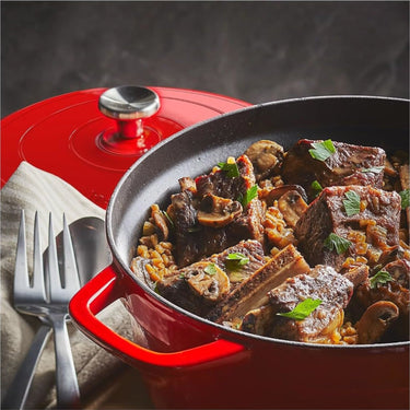 Instant Precision 6-quart Electric 5-in-1 Cast Iron Dutch Oven, Red Lid