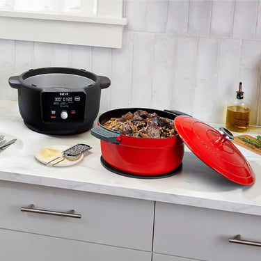 Instant Precision 6-quart Electric 5-in-1 Cast Iron Dutch Oven, Red Lid