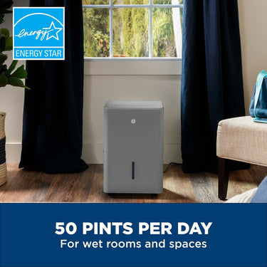 GE 50 Pint Portable Large Room Dehumidifier with Humidistat, Gray, Refurbished