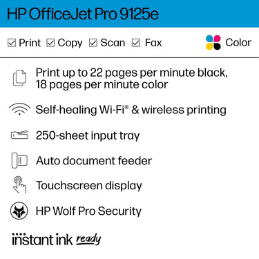 Hewlett Packard OfficeJet Pro 9125e All-in-One Printer, Color, Touchscreen; Smart Advance Scan
