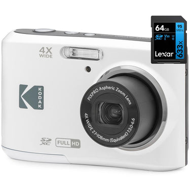 Kodak PIXPRO FZ45 16MP Digital Camera White with Lexar 64GB Memory Card