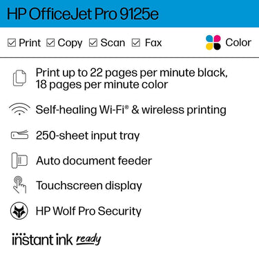 Hewlett Packard OfficeJet Pro 9125e All-in-One Printer Color Touch Open Box