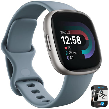 Fitbit Versa 4 Fitness Smartwatch w/GPS, Waterfall Blue/Platinum  +2 YR Warranty Bundle