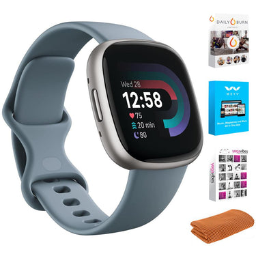 Fitbit Versa 4 Fitness Smartwatch w/ GPS, Waterfall Blue/Platinum + Fitness Bundle