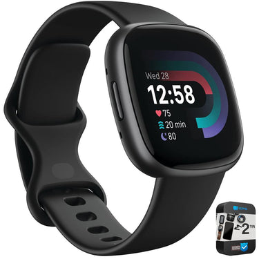 Fitbit Versa 4 Fitness Smartwatch w GPS, Black/Graphite + 2 YR Warranty Bundle