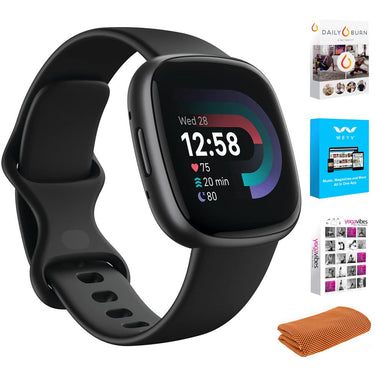 Fitbit Versa 4 Fitness Smartwatch w GPS, Black/Graphite + Fitness Bundle