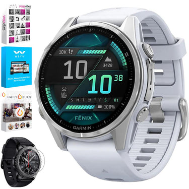 Garmin Fenix 8 43 mm, AMOLED, Silver w/ Whitestone Silicone Band + Fitness Bundle