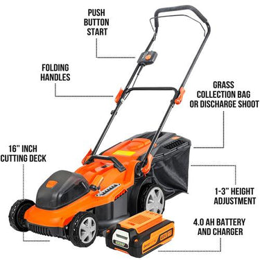Deco Home Cordless Lawn Mower 16" Deck 40V Battery, Push Start, 45L Bag Open Box