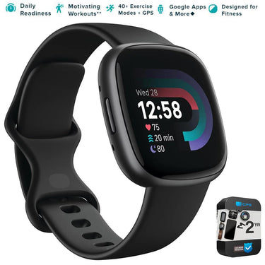 Fitbit Versa 4 Fitness Smartwatch, Black/Graphite w/ 2 YR Warranty Bundle