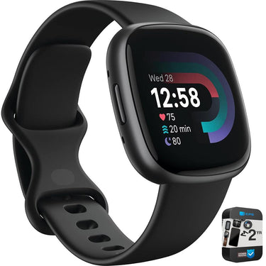 Fitbit Versa 4 Fitness Smartwatch, Black/Graphite w/ 2 YR Warranty Bundle