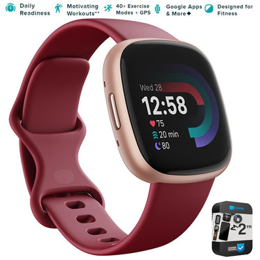 Fitbit Versa 4 Fitness Smartwatch, Beet Juice/Copper Rose Aluminum + 2 YR Warranty Kit