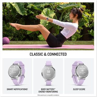Garmin Lily 2 Active Smartwatch, Silver with Purple Jasmine Silicone Band