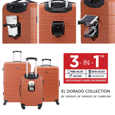 Wrangler 3 Piece Hardside Smart Luggage Set w/Cup Holder & USB Port (20"/24"/28") Orange
