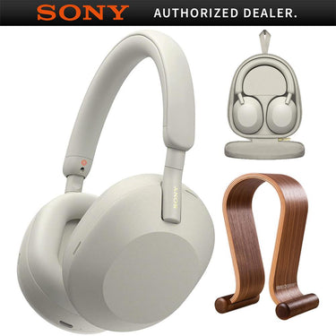 Sony WH-1000XM5 Wireless Noise Canceling Headphones, Silver + Wood Headphone Stand