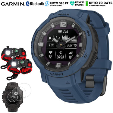Garmin Instinct Crossover Solar Rugged Smartwatch, Tidal Blue w/ Accessories Bundle