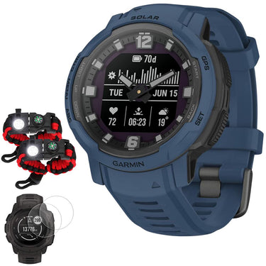 Garmin Instinct Crossover Solar Rugged Smartwatch, Tidal Blue w/ Accessories Bundle
