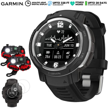 Garmin Instinct Crossover Hybrid Analog/Digital Smartwatch, Black w/ Accessories Bundle