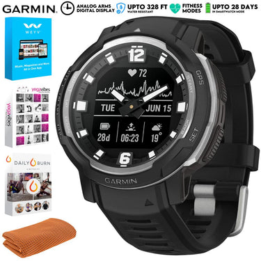 Garmin Instinct Crossover Hybrid Analog/Digital Smartwatch, Black w/ Fitness Bundle
