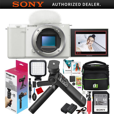 Sony ZV-E10 Mirrorless APS-C Alpha Vlog Camera Body + ACCVC1 Vlogger Kit White Bundle