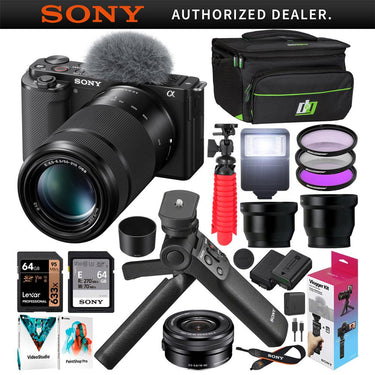 Sony ZV-E10 Mirrorless Vlog Camera 2 Lens Kit 16-50mm 55-210mm + ACCVC1 Black Bundle
