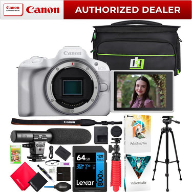 Canon EOS R50 Mirrorless Camera Body White + Microphone & Tripod Accessories Bundle