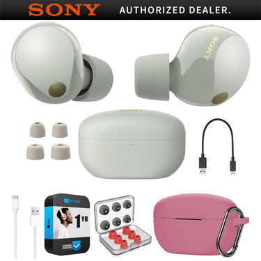 Sony Noise Canceling Truly Wireless Earbuds, Silver + Accessories + Warranty Bundle